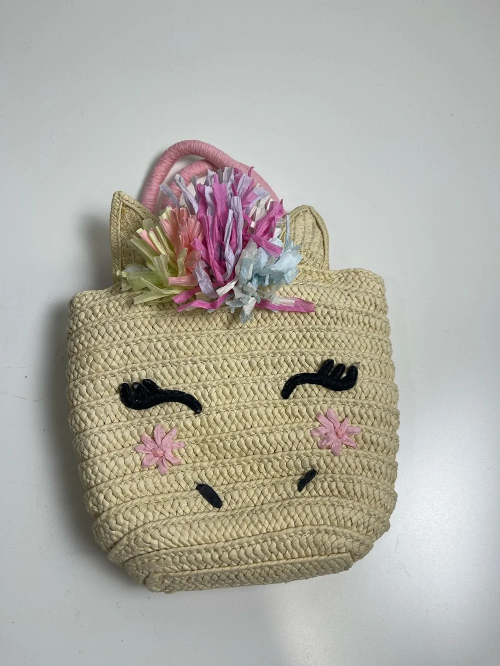 Kids Straw Unicorn Tote with Pink Pom Accent girls purse